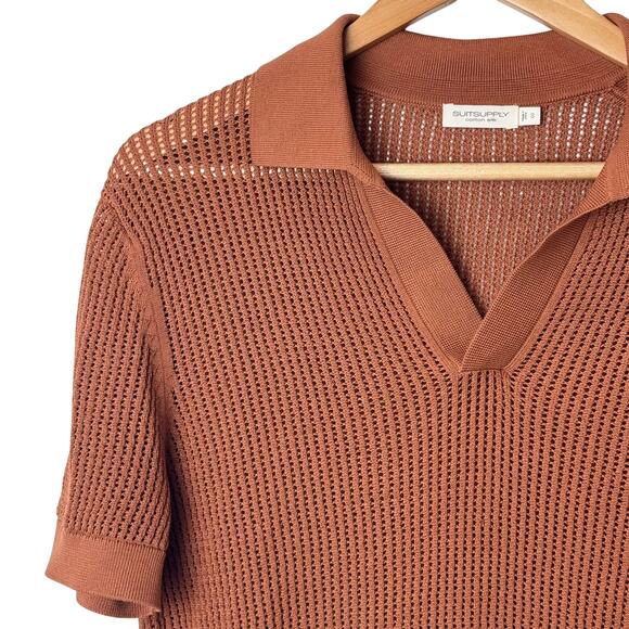 Suitsupply Crochet Buttonless Polo Shirt Mens S Rust Brown Cotton Silk Open Knit - Picture 4 of 13